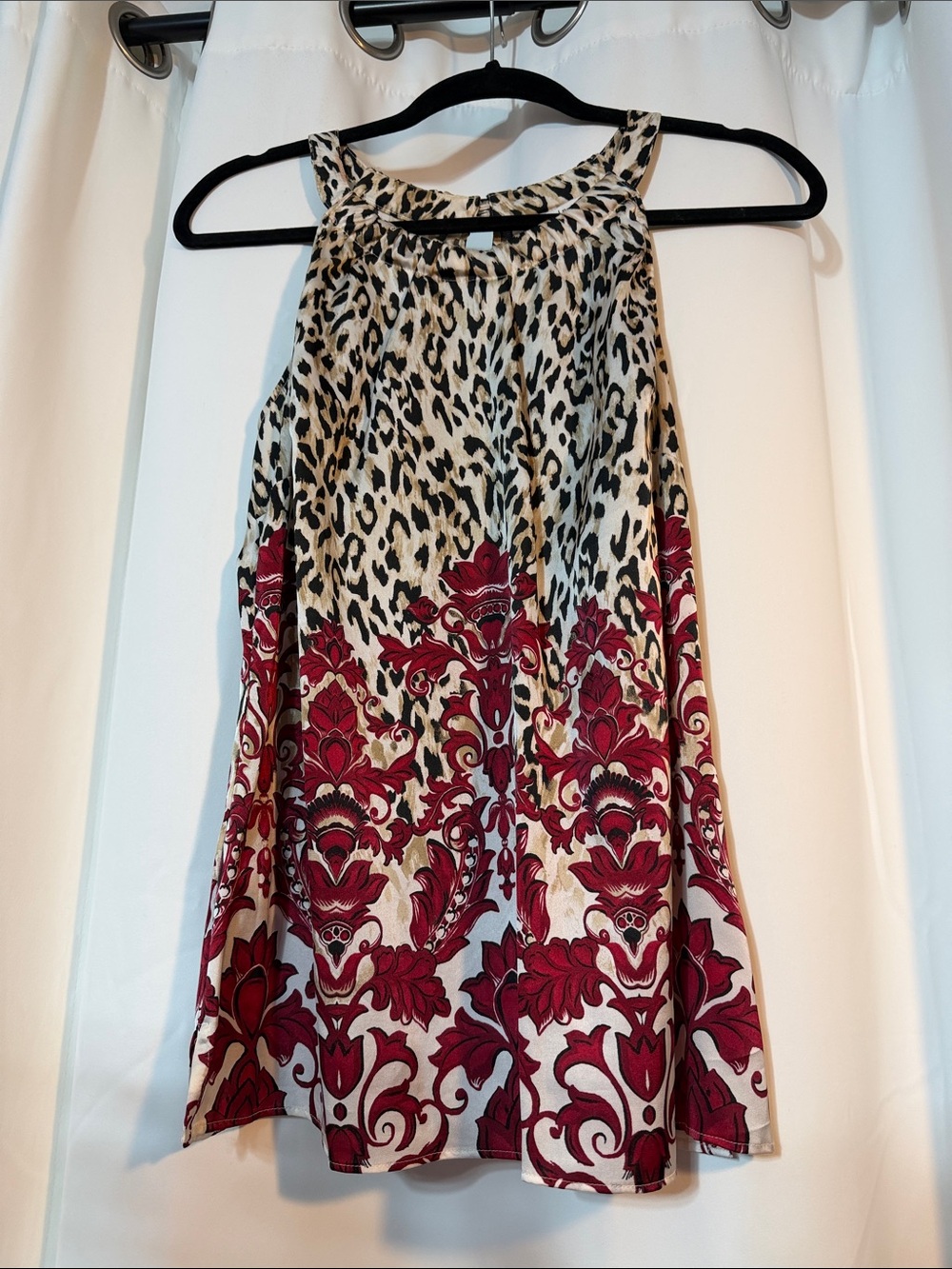 WHBM Mob wife Boho Leopard & Red Damask Floral Halter Tank Top Blouse SZM B12